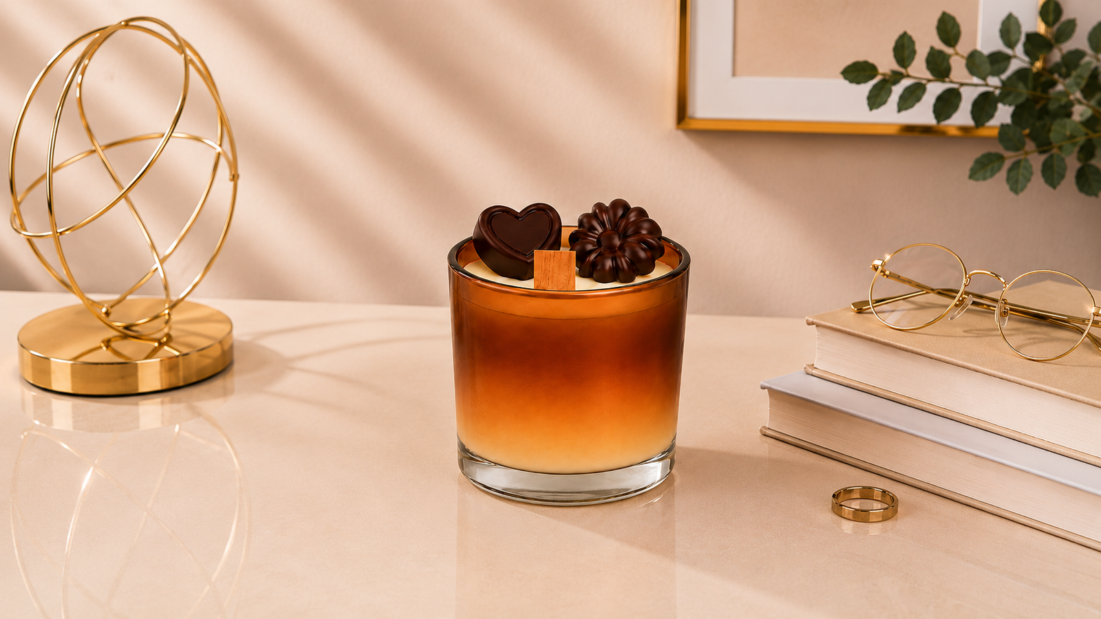 Vela Aromática de Chocolate em copo de vidro degradê nos tons de caramelo e chocolate, com pavio de madeira centralizado e detalhes decorativos inspirados em chocolates artesanais. A vela está posicionada sobre uma mesa clara em um ambiente sofisticado com livros, objeto decorativo dourado e iluminação natural suave.