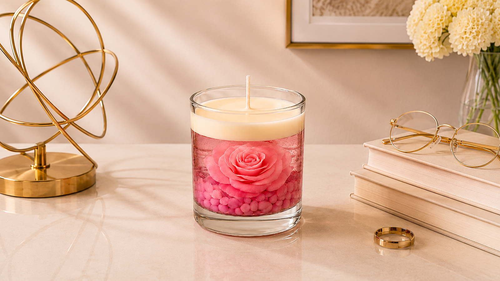 Vela Aromática Rosa Imersa em copo de vidro transparente, contendo uma rosa rosa delicadamente preservada em parafina em gel cristalina, apoiada sobre pequenas pedras decorativas em tons rosados. A peça possui camada superior de cera branca e está apresentada em ambiente sofisticado com livros decorativos, elementos dourados e iluminação suave.