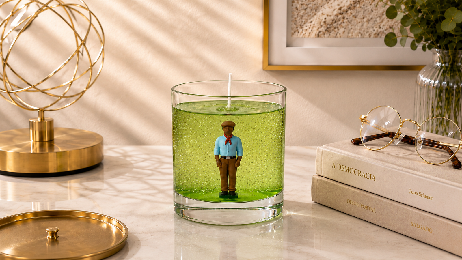 Vela em Gel Boiadeiro artesanal em recipiente de vidro transparente com gel verde, contendo a figura de um Boiadeiro em seu interior, fotografada em ambiente elegante com livros decorativos, elementos dourados e iluminação natural suave.