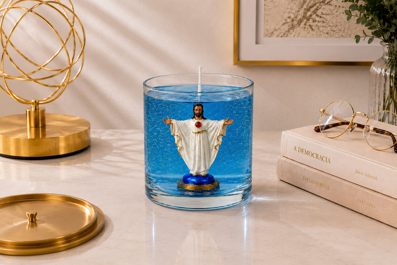 Vela em gel azul transparente com microbolhas decorativas, acondicionada em recipiente cilíndrico de vidro. No centro da peça encontra-se uma miniatura do Sagrado Coração de Jesus com vestes brancas e detalhes dourados, braços abertos e coração vermelho destacado no peito. A vela está posicionada sobre uma superfície clara em ambiente decorativo sofisticado, com objetos dourados, livros, óculos e elementos ornamentais ao fundo, evidenciando o caráter artesanal e religioso da peça.