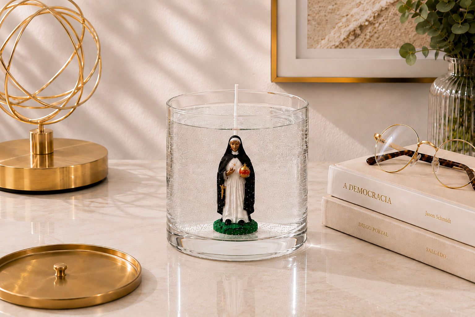 Vela em Gel Santa Edwiges artesanal em recipiente de vidro transparente, com delicada imagem de Santa Edwiges no interior, fotografada em ambiente sofisticado com elementos decorativos dourados e iluminação natural suave.