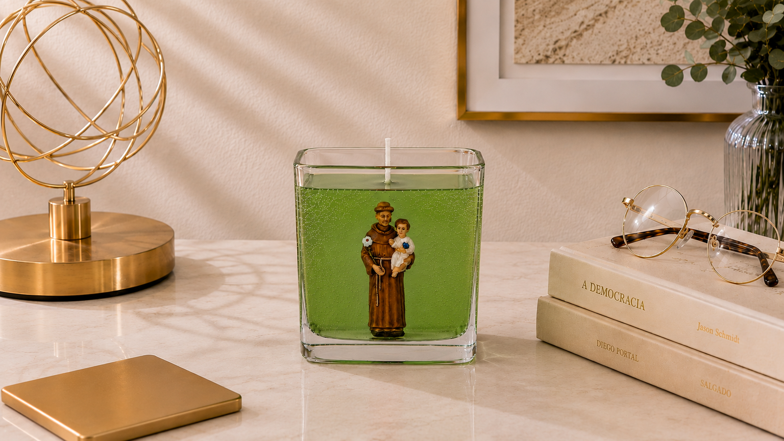 Vela em gel verde transparente com imagem de Santo Antônio segurando o Menino Jesus em recipiente quadrado de vidro. A peça está posicionada sobre uma superfície clara em ambiente decorado com luminária dourada, livros, óculos e elementos elegantes ao fundo, transmitindo uma atmosfera de fé, proteção e sofisticação.