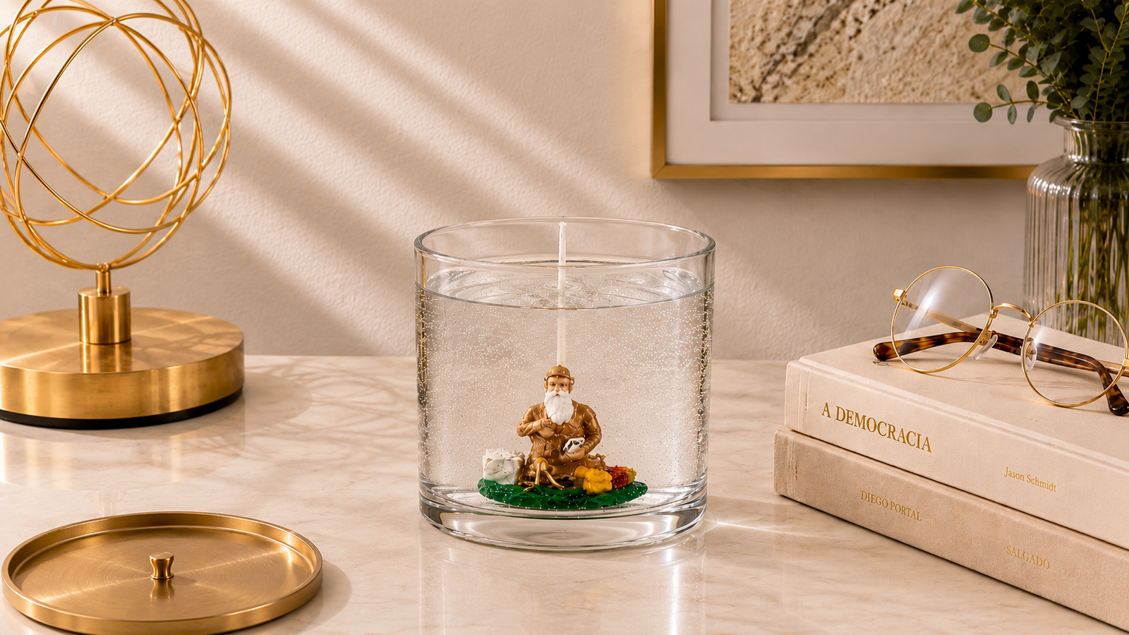 Vela em Gel Xangô artesanal em copo de vidro transparente, com representação decorativa de Xangô em seu interior, fotografada em ambiente sofisticado com livros, óculos, elementos dourados e iluminação natural suave.