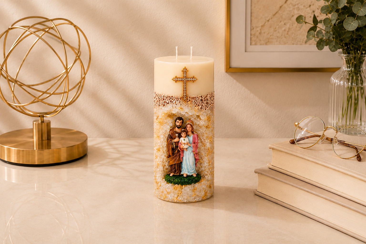 Vela em Gruta Sagrada Família artesanal em tons de branco, dourado e marfim, com imagem da Sagrada Família em destaque no nicho frontal. A peça possui acabamento texturizado com cristais decorativos claros, detalhes dourados, cruz ornamentada aplicada na parte superior e dois pavios, apresentada em ambiente elegante com livros, objeto decorativo dourado e iluminação suave.