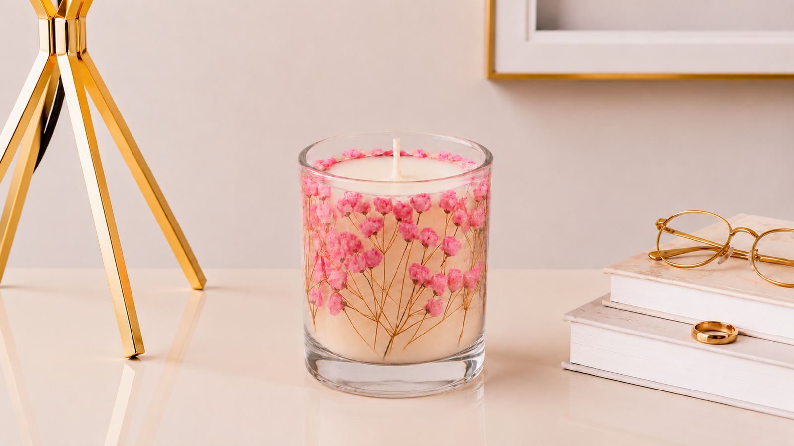 Vela Luminária Gypsophila Rosa artesanal em vidro transparente, decorada com delicadas flores rosas preservadas ao redor da cera, em composição elegante e sofisticada.